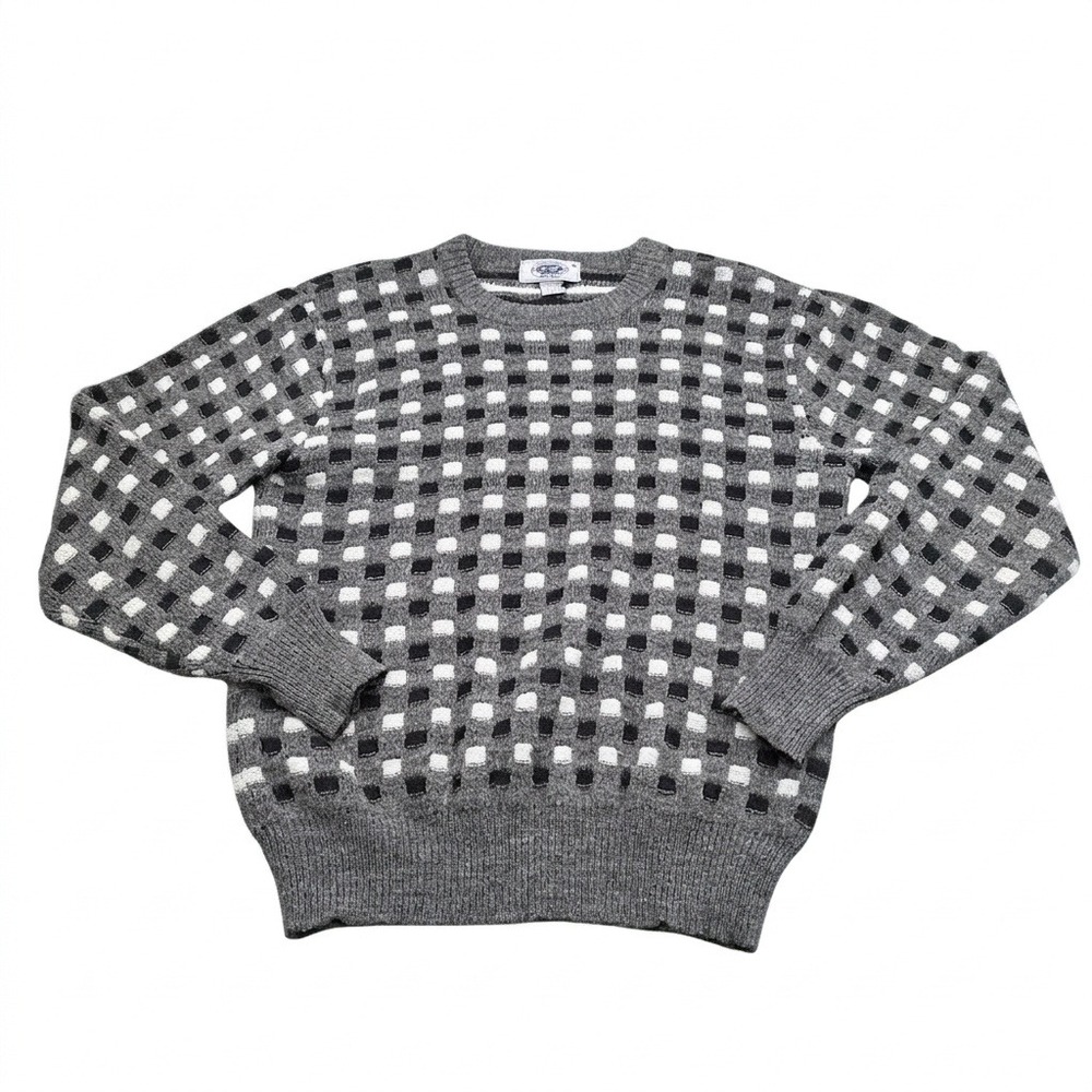 VTG Hemingway Point Sweater Mens Medium Grey Black Checkered Pattern Geometric